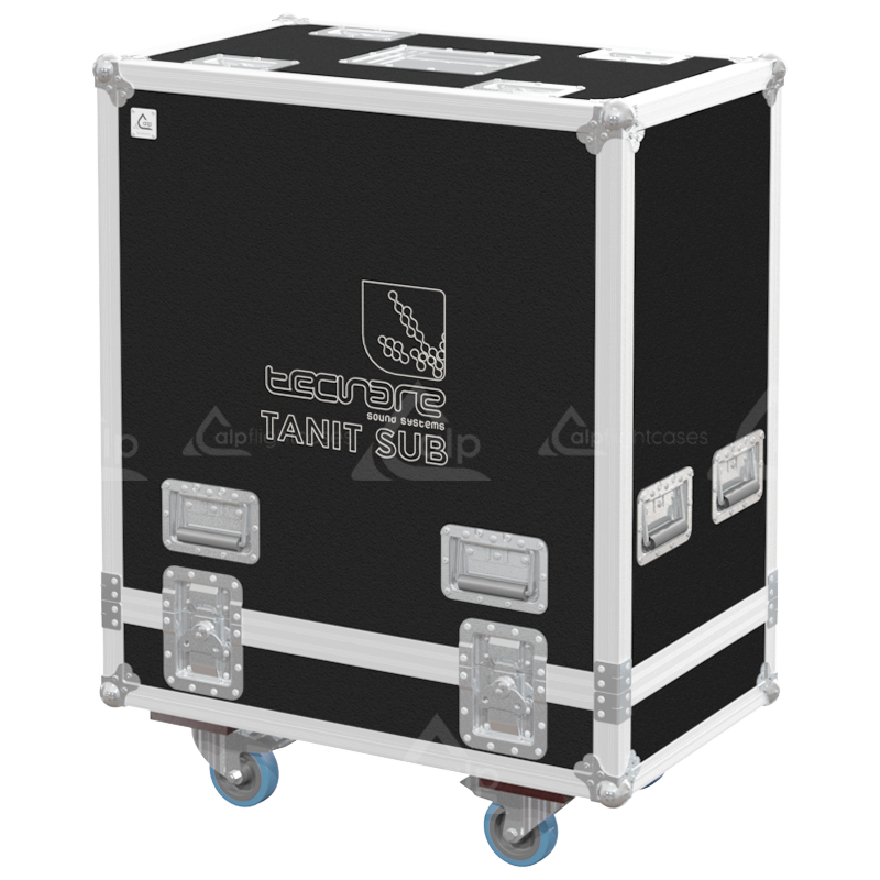 Front view of the twin touring flight case for 2x Tecnare Tanit Sub subwoofers by ALP Flight Cases
