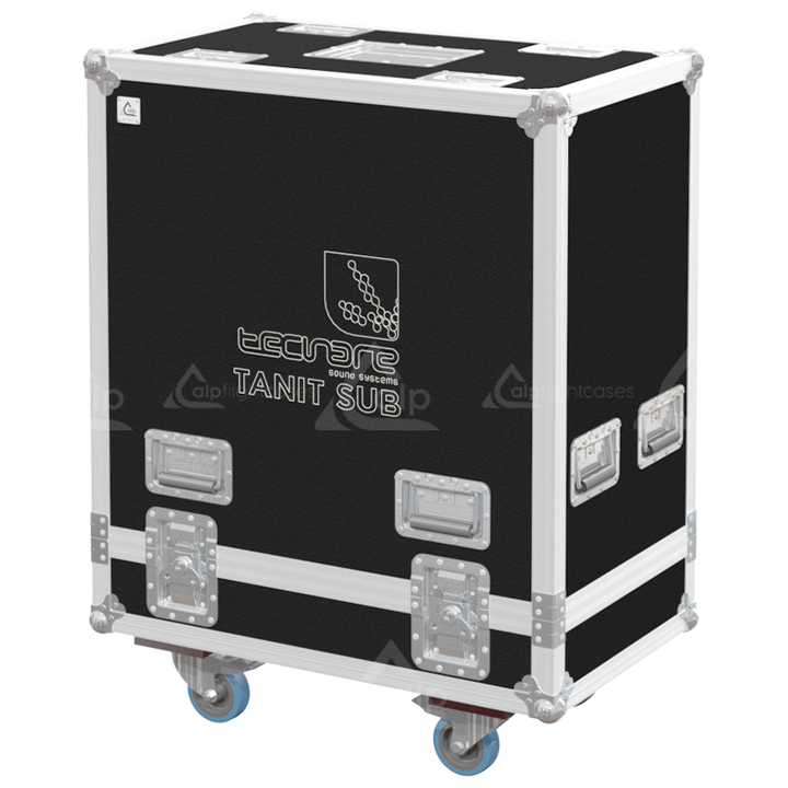 Front view of the twin touring flight case for 2x Tecnare Tanit Sub subwoofers by ALP Flight Cases