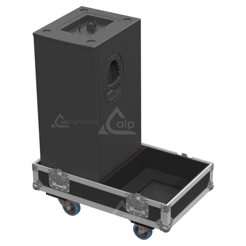 Two Tecnare Tanit Sub units safely secured inside the custom pro audio flight case for safe transport