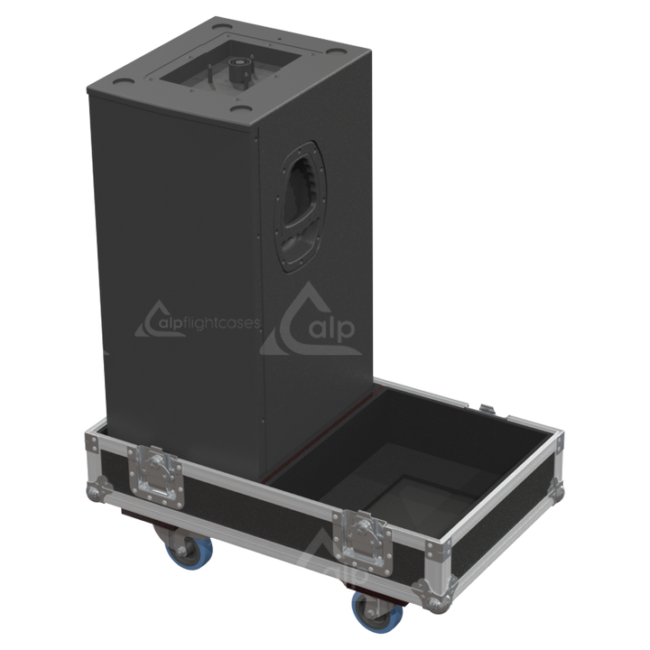 Two Tecnare Tanit Sub units safely secured inside the custom pro audio flight case for safe transport