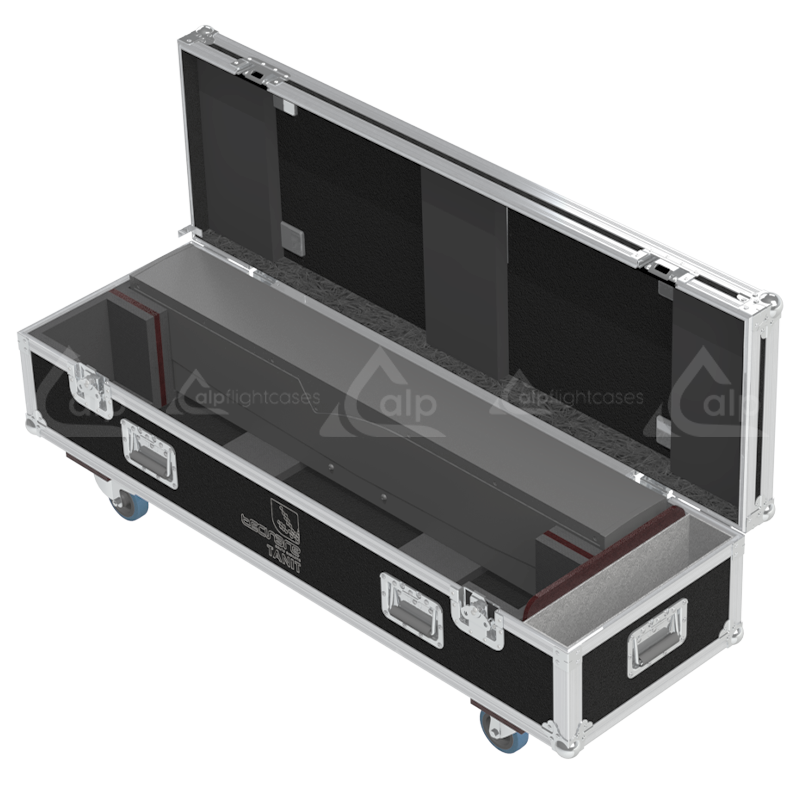 Two Tecnare Tanit Top units safely secured inside the custom pro audio flight case for safe transport