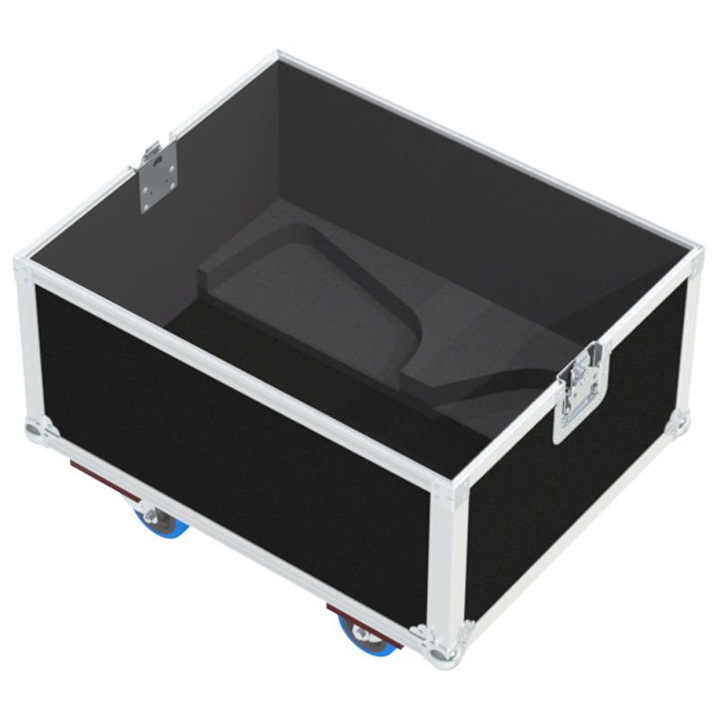 Empty interior of the flight case for 2x NEXO P15 V2 showing precision CNC-cut foam inserts for secure packing