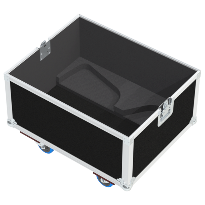 Empty interior of the flight case for 2x NEXO P15 V2 showing precision CNC-cut foam inserts for secure packing