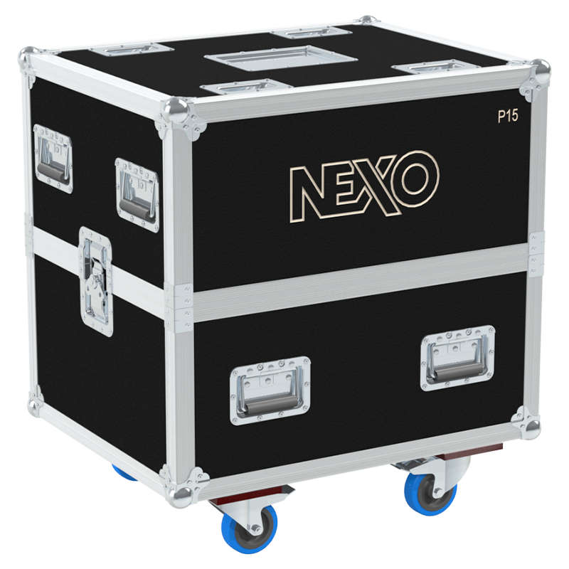 Front view of the twin touring flight case for 2x NEXO P15 V2 coaxial speakers by ALP Flight Cases