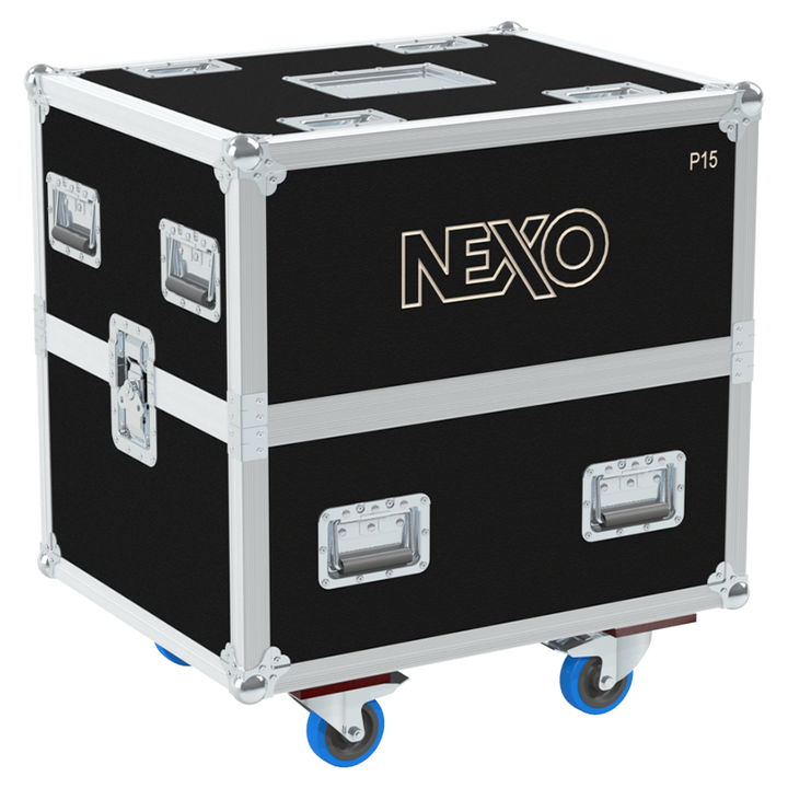 Front view of the twin touring flight case for 2x NEXO P15 V2 coaxial speakers by ALP Flight Cases