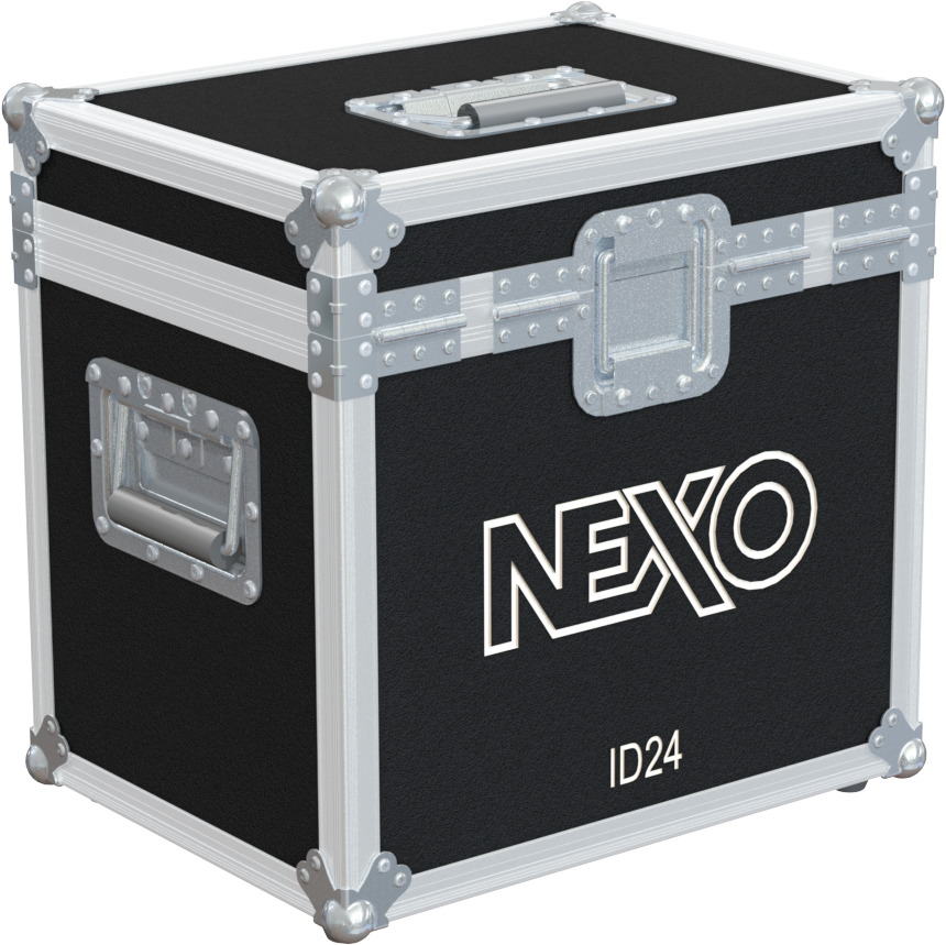 Rear view of the road case for NEXO ID24 showing heavy-duty hardware and 10mm birch plywood