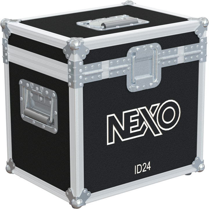 Rear view of the road case for NEXO ID24 showing heavy-duty hardware and 10mm birch plywood