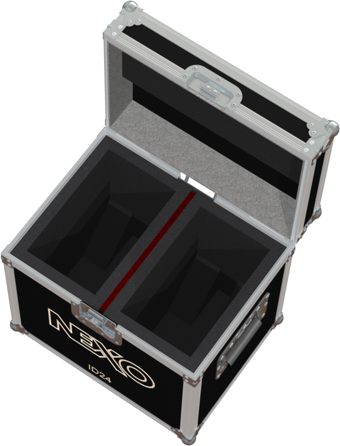 Two NEXO ID24 compact speakers safely secured inside the custom pro audio flight case for professional rental