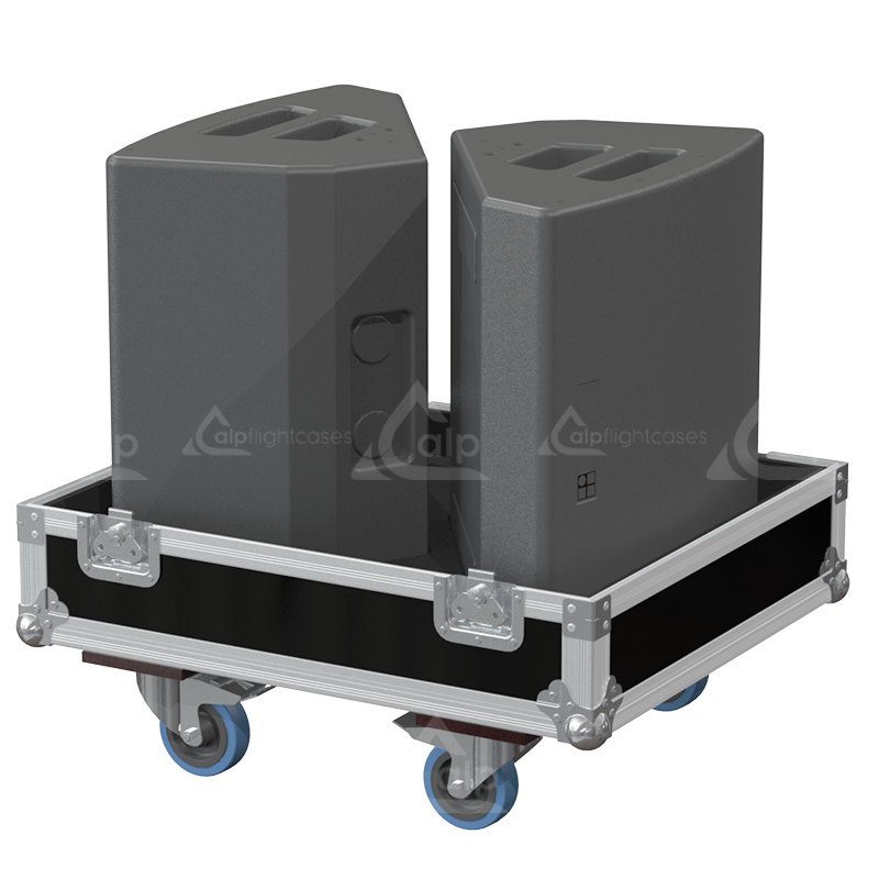 Two d&b audiotechnik M6 stage monitors safely secured inside the custom twin flight case for touring