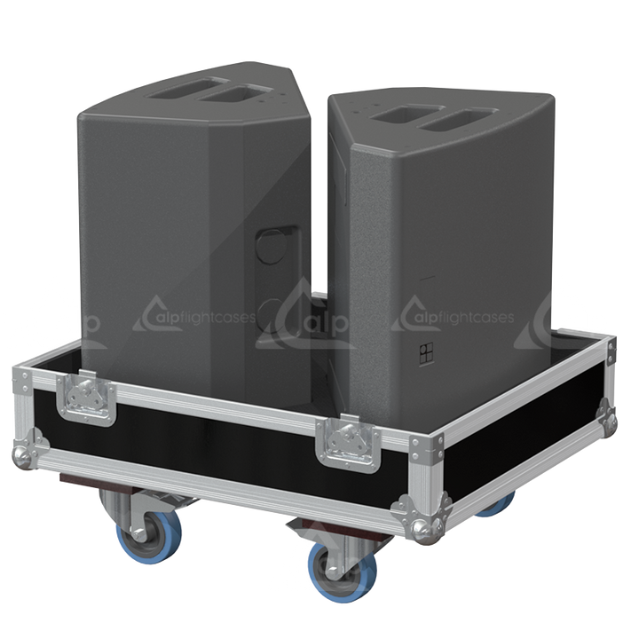 Two d&b audiotechnik M6 stage monitors safely secured inside the custom twin flight case for touring