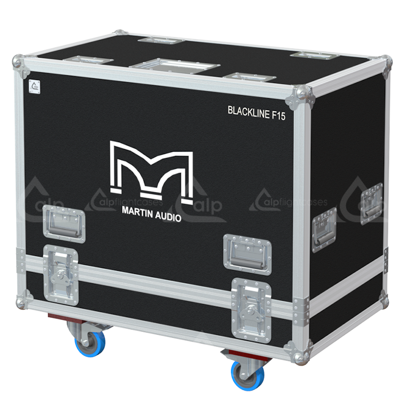 Front view of the professional twin touring flight case for 2x Martin Audio Blackline F15 by ALP Flight Cases