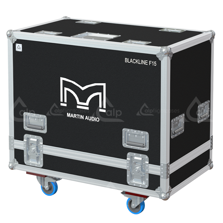 Front view of the professional twin touring flight case for 2x Martin Audio Blackline F15 by ALP Flight Cases