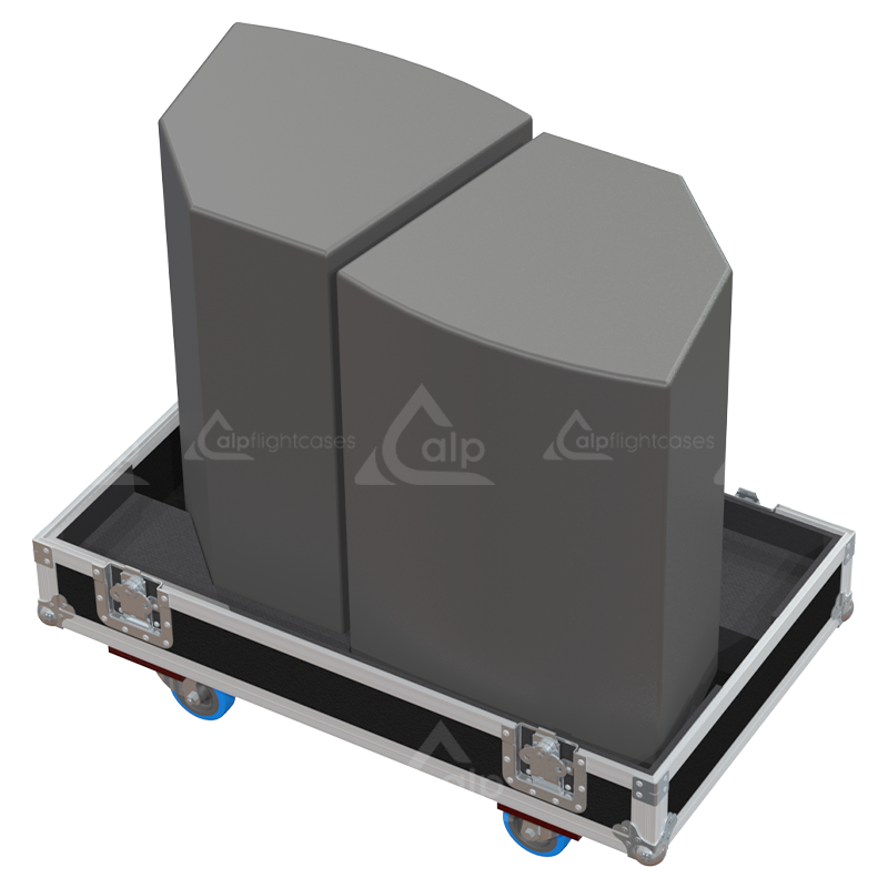 Two Martin Audio Blackline F15 speakers safely secured inside the custom pro audio flight case for live events