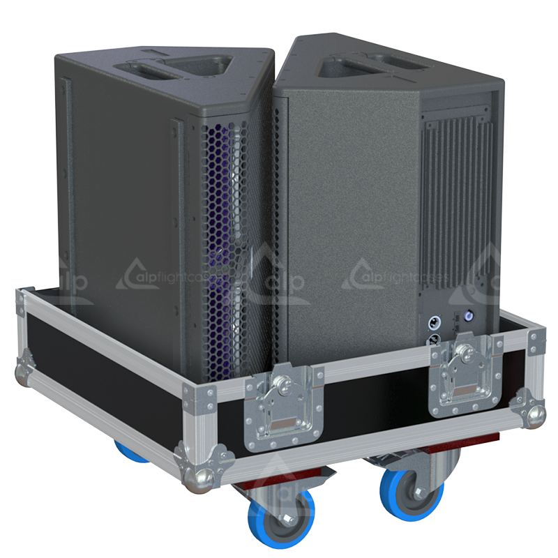 Two Meyer Sound MJF-208 stage monitors safely secured inside the custom pro audio flight case for live events
