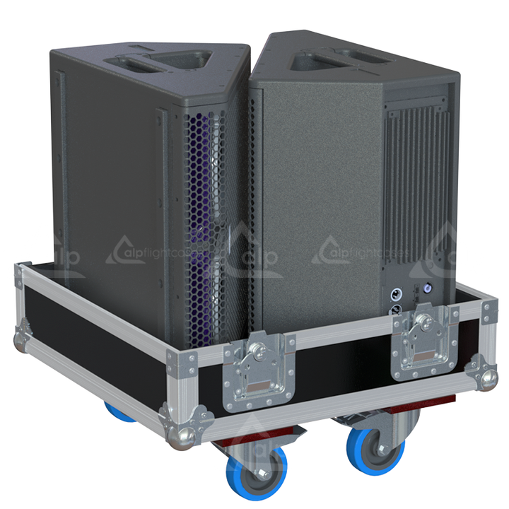 Two Meyer Sound MJF-208 stage monitors safely secured inside the custom pro audio flight case for live events