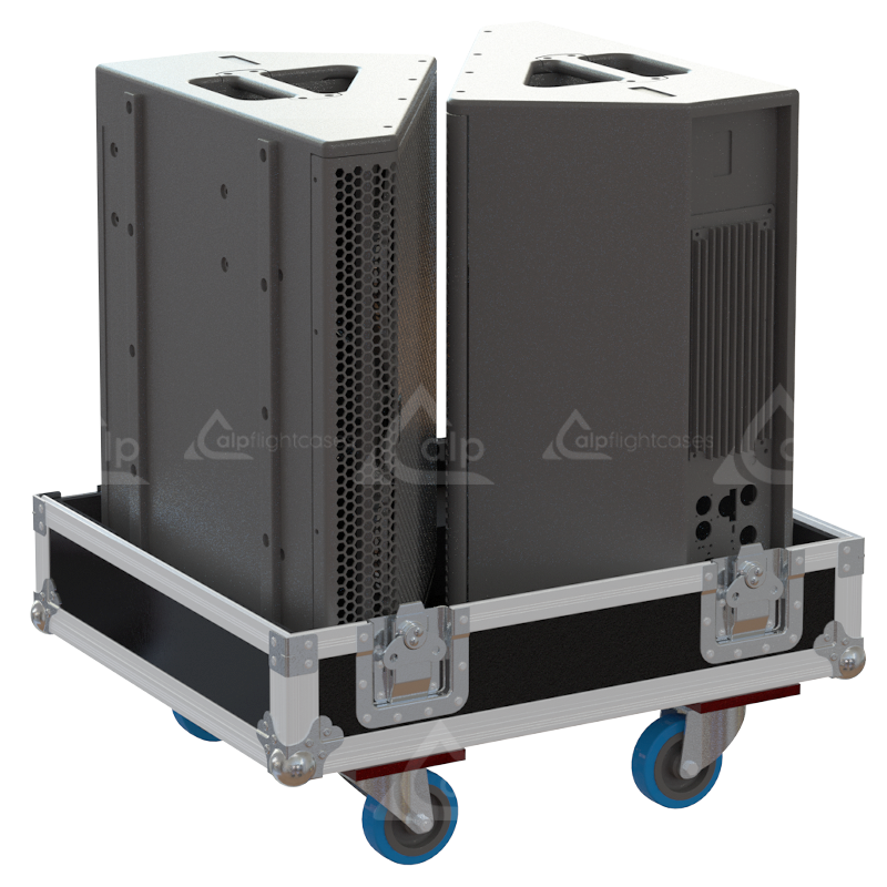 Two Meyer Sound MJF-210 monitors safely secured inside the custom pro audio flight case for live performance touring