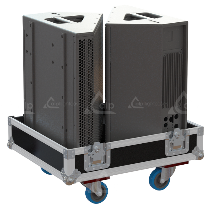 Two Meyer Sound MJF-210 monitors safely secured inside the custom pro audio flight case for live performance touring