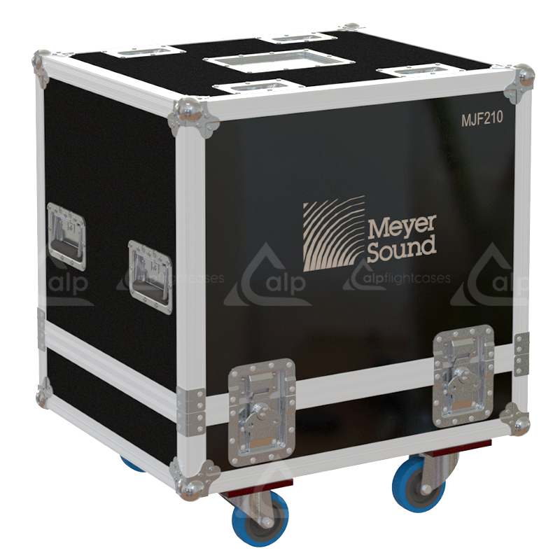 Front view of the professional twin touring flight case for 2x Meyer Sound MJF-210 stage monitors by ALP Flight Cases