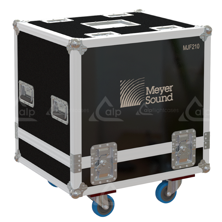 Front view of the professional twin touring flight case for 2x Meyer Sound MJF-210 stage monitors by ALP Flight Cases