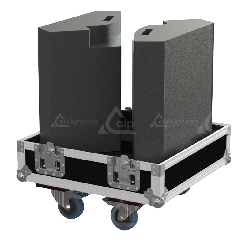 Two APG DX12 loudspeakers safely secured inside the custom twin flight case for high-level touring protection