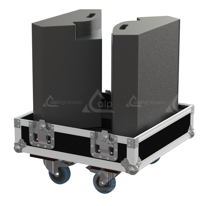 Two APG DX12 loudspeakers safely secured inside the custom twin flight case for high-level touring protection