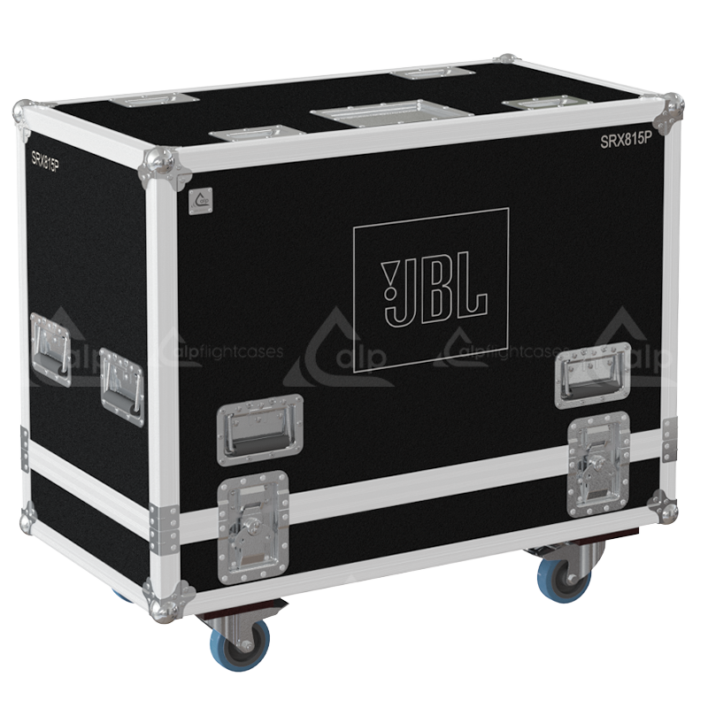 Front view of the twin touring flight case for 2x JBL SRX815 or SRX815P speakers by ALP Flight Cases