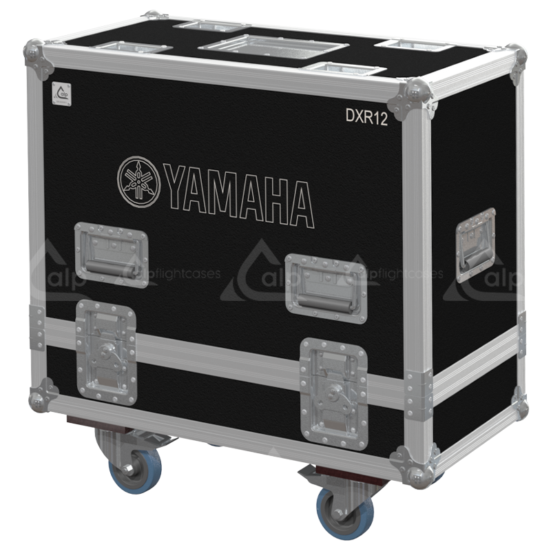 Front view of the twin touring flight case for 2x Yamaha DXR12 MKII loudspeakers by ALP Flight Cases