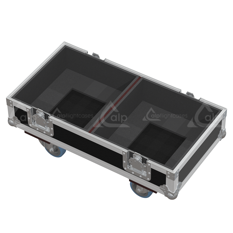 Empty interior of the flight case for 2x Yamaha DXR12 MKII showing precision CNC-cut foam inserts for secure packing