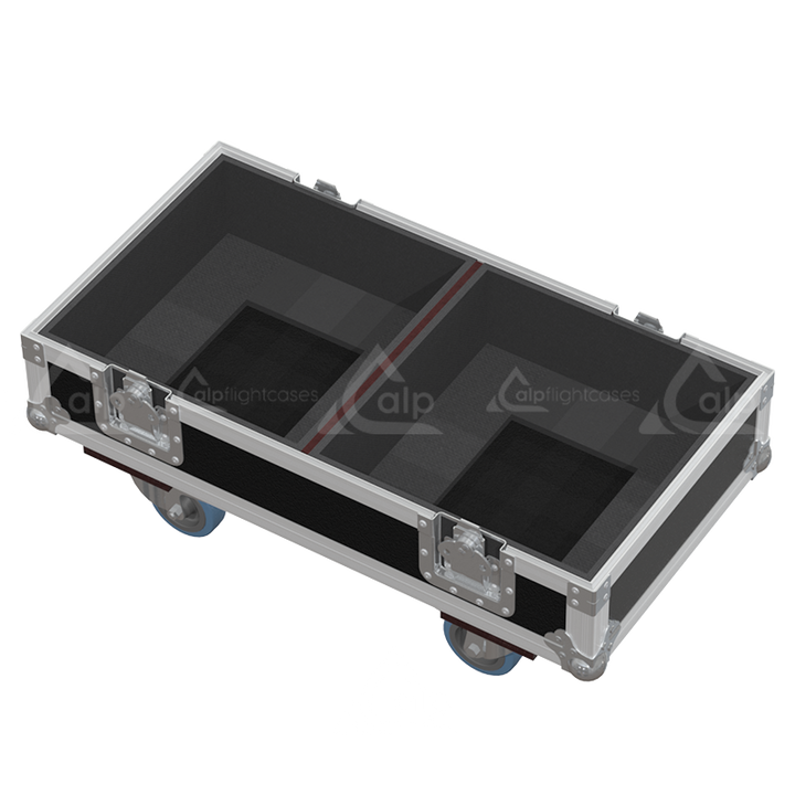Empty interior of the flight case for 2x Yamaha DXR12 MKII showing precision CNC-cut foam inserts for secure packing