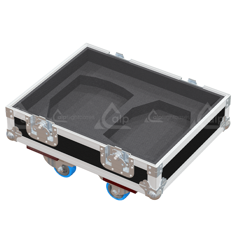 Empty interior of the 2x APG SPOT 2.6 flight case showing precision CNC-cut foam inserts and central accessory compartment