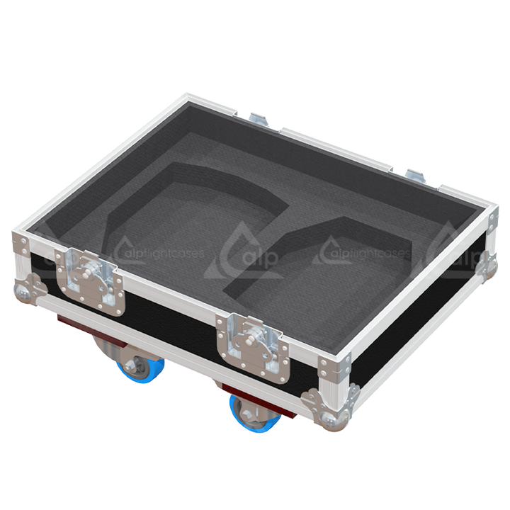 Empty interior of the 2x APG SPOT 2.6 flight case showing precision CNC-cut foam inserts and central accessory compartment