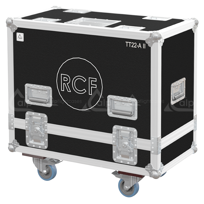 Front view of the twin touring flight case for 2x RCF TT 22-A II speakers by ALP Flight Cases