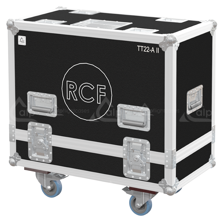 Front view of the twin touring flight case for 2x RCF TT 22-A II speakers by ALP Flight Cases