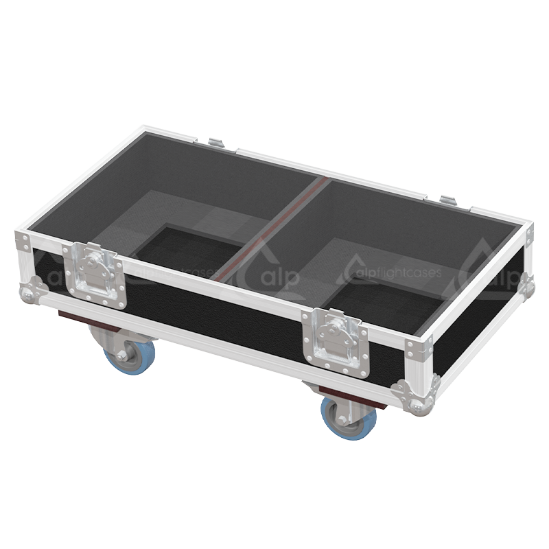 Empty interior of the flight case for 2x RCF TT 22-A II showing precision CNC-cut foam inserts for secure packing