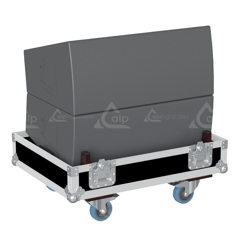 Two d&b audiotechnik V12P loudspeakers safely secured inside the custom pro audio flight case for safe transport