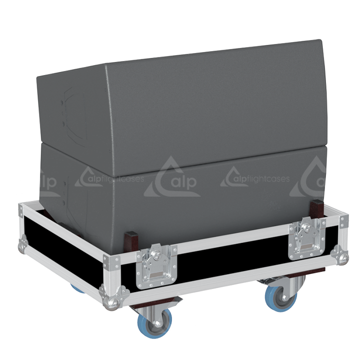 Two d&b audiotechnik V12P loudspeakers safely secured inside the custom pro audio flight case for safe transport