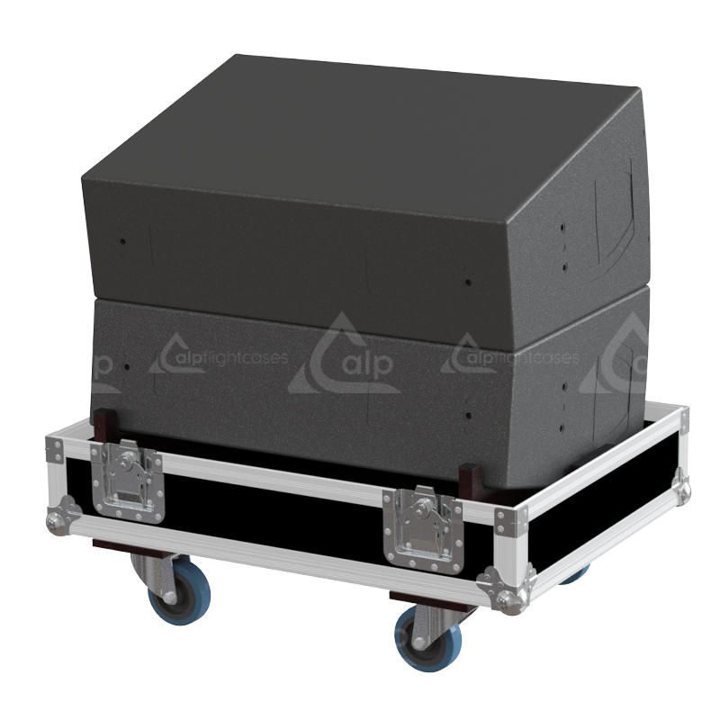 REAR VIEW Two d&b audiotechnik V12P loudspeakers safely secured inside the custom pro audio flight case for safe transport