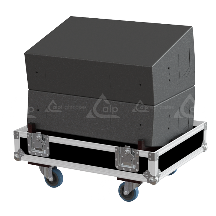 REAR VIEW Two d&b audiotechnik V12P loudspeakers safely secured inside the custom pro audio flight case for safe transport