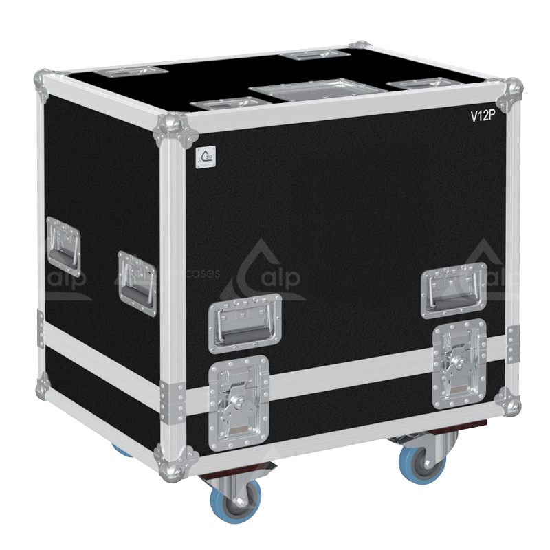 Front view of the twin touring flight case for 2x d&b audiotechnik V12P speakers by ALP Flight Cases