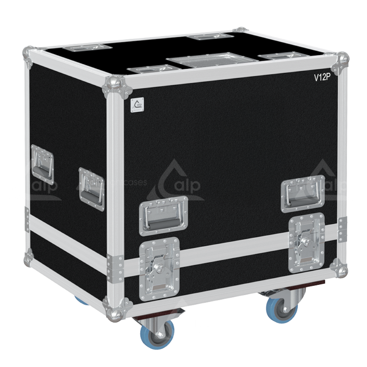 Front view of the twin touring flight case for 2x d&b audiotechnik V12P speakers by ALP Flight Cases