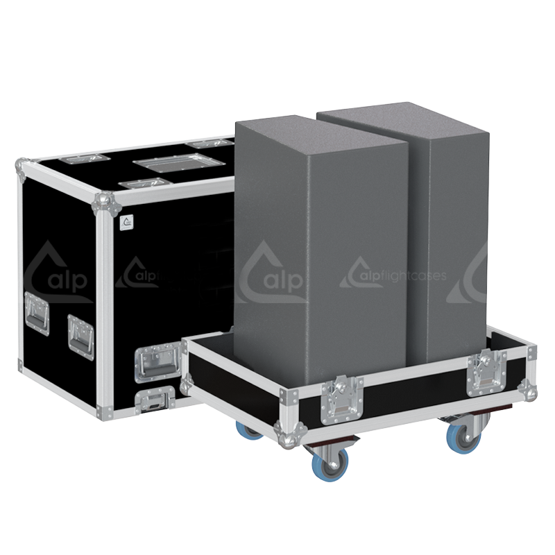 Two d&b audiotechnik V-Series loudspeakers safely secured inside the custom flight case with adjustable foam inserts