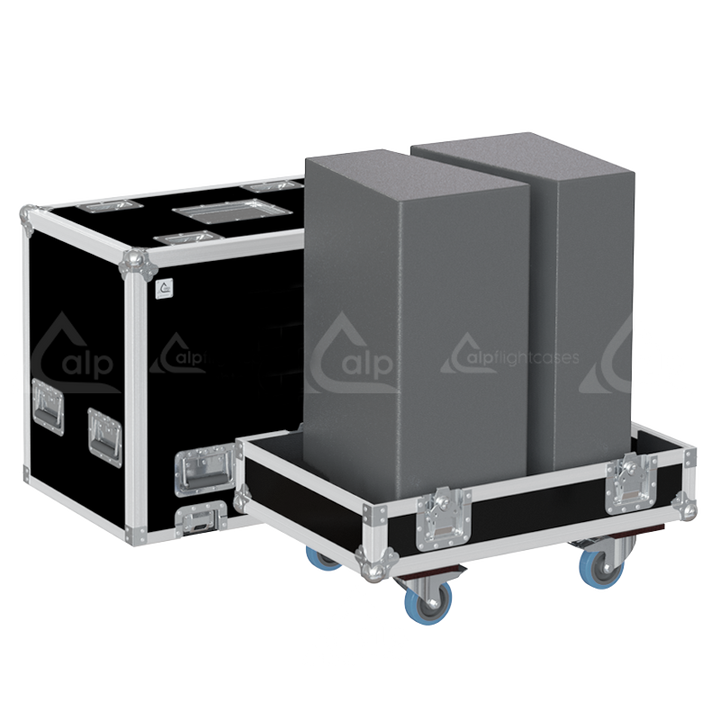 Two d&b audiotechnik V-Series loudspeakers safely secured inside the custom flight case with adjustable foam inserts