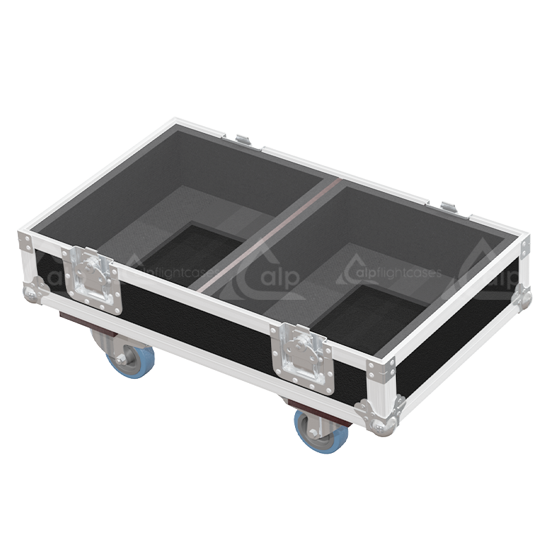 Empty interior of the flight case for 2x JBL EON 715 showing precision CNC-cut foam inserts for secure packing