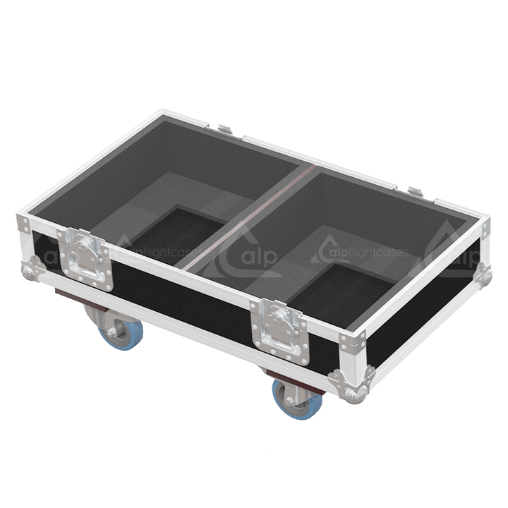 Empty interior of the flight case for 2x JBL EON 715 showing precision CNC-cut foam inserts for secure packing
