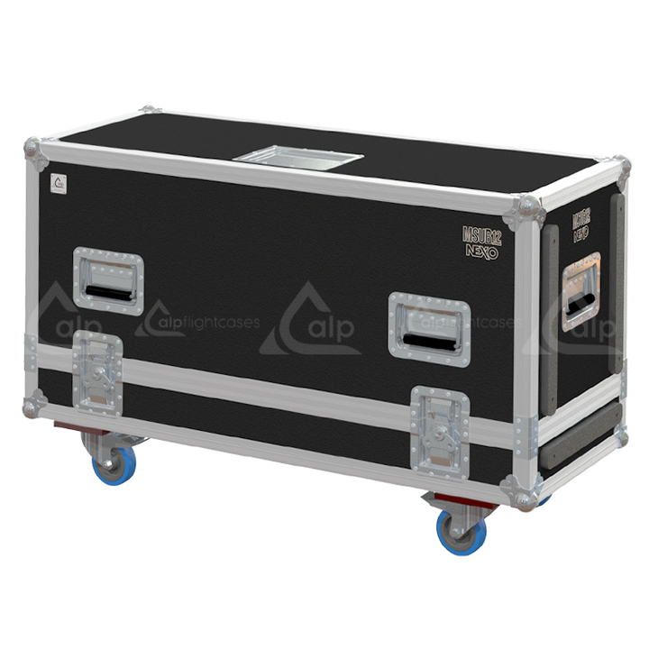 Front view of the twin touring flight case for 2x NEXO MSUB12 subwoofers by ALP Flight Cases