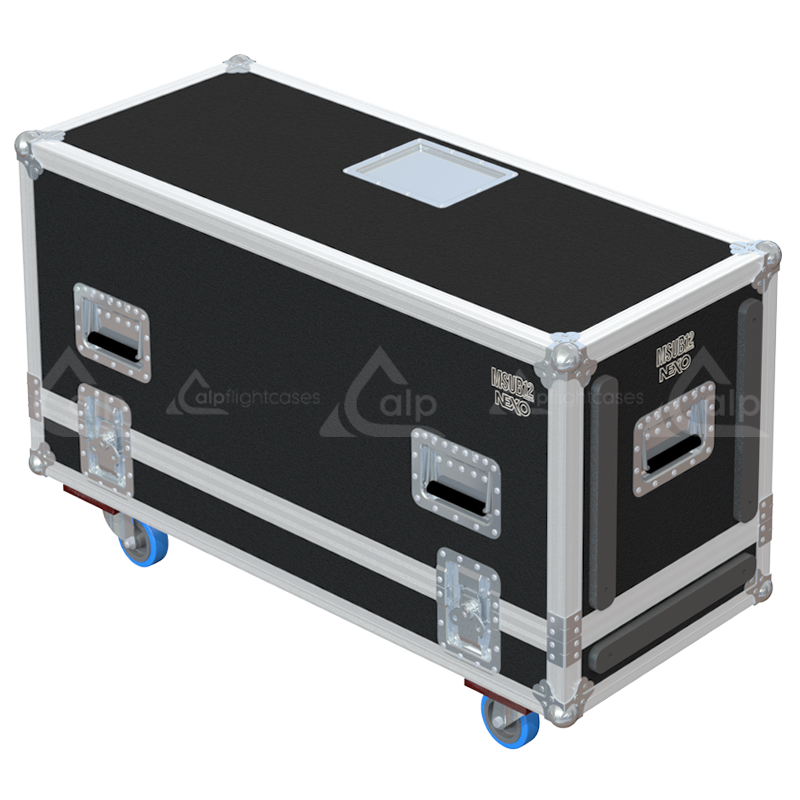Rear view of the road case for NEXO MSUB12 showing heavy-duty hardware and 9mm birch plywood