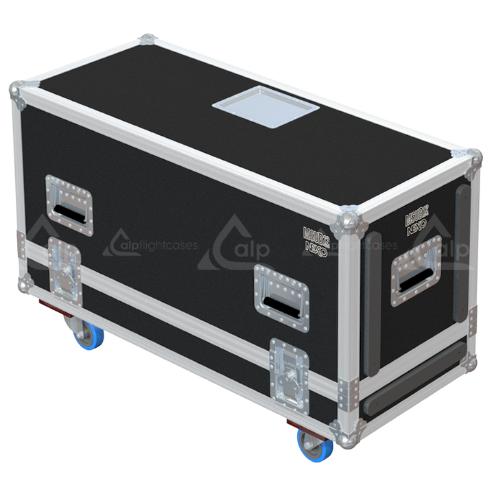 Rear view of the road case for NEXO MSUB12 showing heavy-duty hardware and 9mm birch plywood