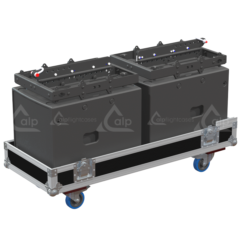 Two NEXO MSUB12 subwoofers safely secured inside the custom pro audio flight case for professional touring
