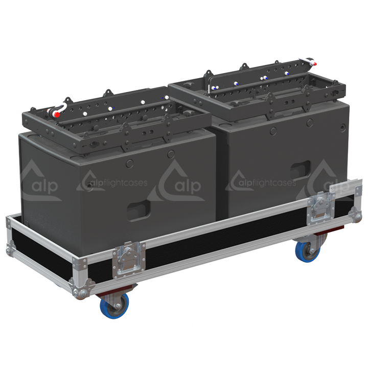 Two NEXO MSUB12 subwoofers safely secured inside the custom pro audio flight case for professional touring