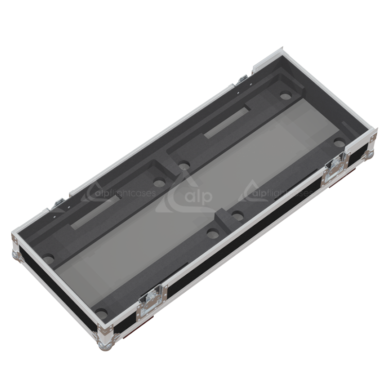 Empty interior of the flight case for 2x NEXO MSUB12 showing precision CNC-cut foam for subwoofer protection